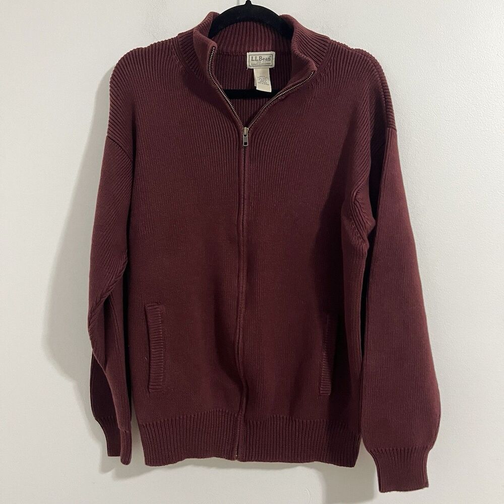 L.L. BEAN Full Zip Cardigan Jacket Men Size XL Red Burgundy Cotton Preppy Office